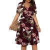 imagePOSESHE Womens Plus Size Dresses Summer Short Sleeve Wrap VNeck Sundress Casual Wedding Guest Cocktail Dress with PocketsWine Red Floral