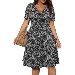 imagePOSESHE Womens Plus Size Dresses Summer Short Sleeve Wrap VNeck Sundress Casual Wedding Guest Cocktail Dress with PocketsBlack Star Floral
