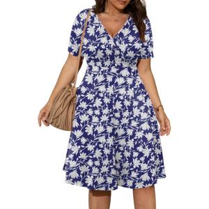 imagePOSESHE Womens Plus Size Dresses Summer Short Sleeve Wrap VNeck Sundress Casual Wedding Guest Cocktail Dress with PocketsBlue Flower