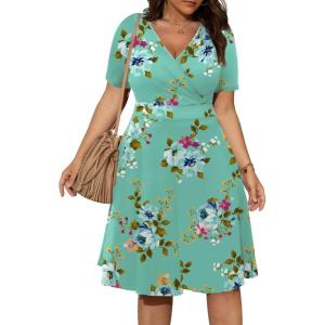 imagePOSESHE Womens Plus Size Dresses Summer Short Sleeve Wrap VNeck Sundress Casual Wedding Guest Cocktail Dress with PocketsGreen Floral