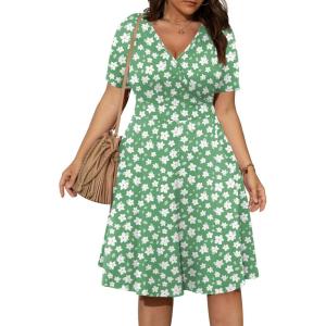 imagePOSESHE Womens Plus Size Dresses Summer Short Sleeve Wrap VNeck Sundress Casual Wedding Guest Cocktail Dress with PocketsGreen White Floral