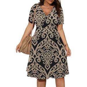 imagePOSESHE Womens Plus Size Dresses Summer Short Sleeve Wrap VNeck Sundress Casual Wedding Guest Cocktail Dress with PocketsKhaki Floral