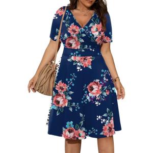 imagePOSESHE Womens Plus Size Dresses Summer Short Sleeve Wrap VNeck Sundress Casual Wedding Guest Cocktail Dress with PocketsNavy Floral