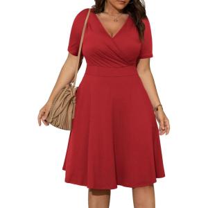 imagePOSESHE Womens Plus Size Dresses Summer Short Sleeve Wrap VNeck Sundress Casual Wedding Guest Cocktail Dress with PocketsRed