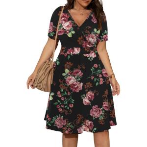 imagePOSESHE Womens Plus Size Dresses Summer Short Sleeve Wrap VNeck Sundress Casual Wedding Guest Cocktail Dress with PocketsRose Black