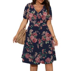 imagePOSESHE Womens Plus Size Dresses Summer Short Sleeve Wrap VNeck Sundress Casual Wedding Guest Cocktail Dress with PocketsRose Blue