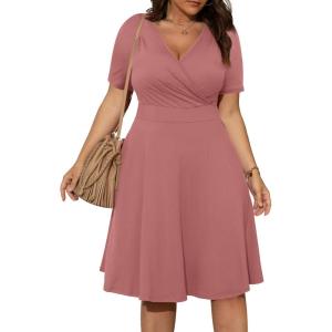 imagePOSESHE Womens Plus Size Dresses Summer Short Sleeve Wrap VNeck Sundress Casual Wedding Guest Cocktail Dress with PocketsWarm Pink