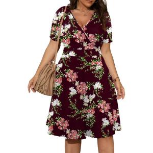 imagePOSESHE Womens Plus Size Dresses Summer Short Sleeve Wrap VNeck Sundress Casual Wedding Guest Cocktail Dress with PocketsWine Red Floral