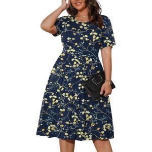 imagePOSESHE Womens Plus Size Summer Dress 2024 Casual Short Sleeve Empire Waist Loose Fit Swing TShirt Dress with PocketsBlue Apricot