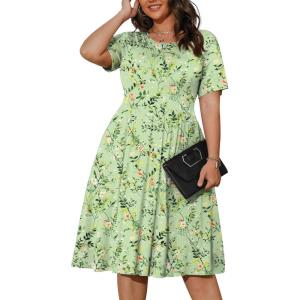 imagePOSESHE Womens Plus Size Summer Dress 2024 Casual Short Sleeve Empire Waist Loose Fit Swing TShirt Dress with PocketsGreen White Floral