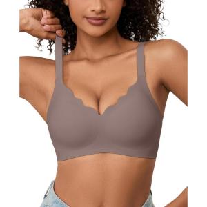 imagePOSESHE Women Comfortable Wireless Bras Push Up Seamless Bralettes Soft V Neck Scalloped Full Coverage Everyday BraCoffeejacquardfree