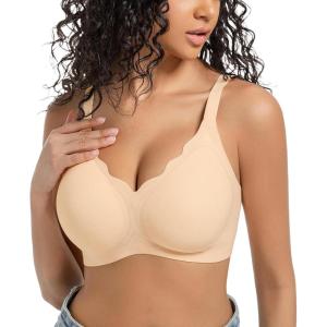 imagePOSESHE Women Comfortable Wireless Bras Push Up Seamless Bralettes Soft V Neck Scalloped Full Coverage Everyday BraNude