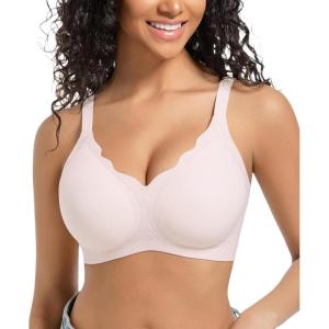imagePOSESHE Women Comfortable Wireless Bras Push Up Seamless Bralettes Soft V Neck Scalloped Full Coverage Everyday BraPink