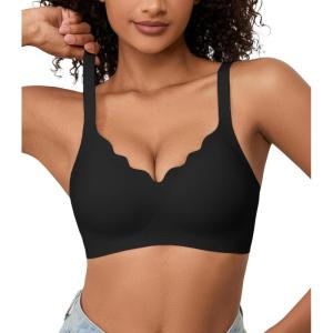 imagePOSESHE Women Comfortable Wireless Bras Push Up Seamless Bralettes Soft V Neck Scalloped Full Coverage Everyday BraPure Blackjacquardfree