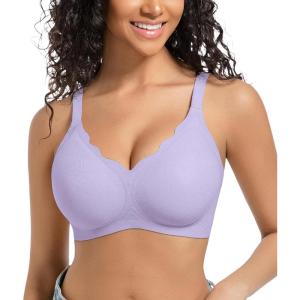 imagePOSESHE Women Comfortable Wireless Bras Push Up Seamless Bralettes Soft V Neck Scalloped Full Coverage Everyday BraPurple