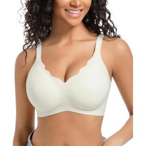 imagePOSESHE Women Comfortable Wireless Bras Push Up Seamless Bralettes Soft V Neck Scalloped Full Coverage Everyday BraWhite