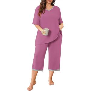 imagePOSESHE Womens Plus Size Pajama Sets Long Sleeve 2 Piece Plus Size Lounge Sleepwear Ladies Cute Pjs Sets with Pockets 202507purple Red