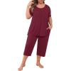 imagePOSESHE Plus Size Pajama for Women Sets Summer Short Sleeve 2 Piece Lounge Sleepwear Ladies Cute Pjs Sets with Pockets 202502wine Red