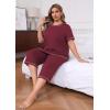 imagePOSESHE Womens Plus Size Pajama Sets Summer Short Sleeve 2 Piece Lounge Sleepwear Ladies Cute Pjs Sets with Pockets 202502wine Red
