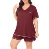 imagePOSESHE Womens Plus Size Pajama Sets Summer Short Sleeve 2 Piece Lounge Sleepwear Short Pants Pjs Sets with Pockets 202502wine Red