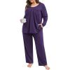 imagePOSESHE Womens Plus Size Pajama Sets Long Sleeve 2 Piece Crew Neck Lounge Sleepwear Ladies Cute Pjs Sets with Pockets 2025Purple