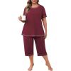 imagePOSESHE Womens Plus Size Pajama Sets Summer Short Sleeve 2 Piece Lounge Sleepwear Ladies Cute Pjs Sets with Pockets 202502wine Red
