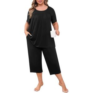 imagePOSESHE Plus Size Pajama for Women Sets Summer Short Sleeve 2 Piece Lounge Sleepwear Ladies Cute Pjs Sets with Pockets 202501black