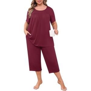 imagePOSESHE Plus Size Pajama for Women Sets Summer Short Sleeve 2 Piece Lounge Sleepwear Ladies Cute Pjs Sets with Pockets 202502wine Red