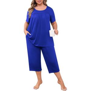 imagePOSESHE Plus Size Pajama for Women Sets Summer Short Sleeve 2 Piece Lounge Sleepwear Ladies Cute Pjs Sets with Pockets 202503royal Blue