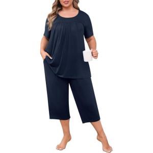 imagePOSESHE Plus Size Pajama for Women Sets Summer Short Sleeve 2 Piece Lounge Sleepwear Ladies Cute Pjs Sets with Pockets 202504navy Blue