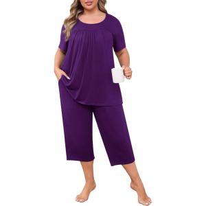 imagePOSESHE Plus Size Pajama for Women Sets Summer Short Sleeve 2 Piece Lounge Sleepwear Ladies Cute Pjs Sets with Pockets 202505purple