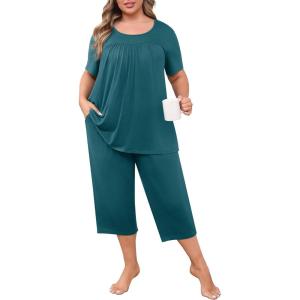 imagePOSESHE Plus Size Pajama for Women Sets Summer Short Sleeve 2 Piece Lounge Sleepwear Ladies Cute Pjs Sets with Pockets 202508grey Blue