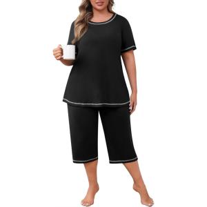 imagePOSESHE Womens Plus Size Pajama Sets Summer Short Sleeve 2 Piece Lounge Sleepwear Ladies Cute Pjs Sets with Pockets 202501black