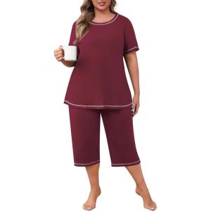 imagePOSESHE Womens Plus Size Pajama Sets Summer Short Sleeve 2 Piece Lounge Sleepwear Ladies Cute Pjs Sets with Pockets 202502wine Red
