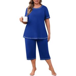 imagePOSESHE Womens Plus Size Pajama Sets Summer Short Sleeve 2 Piece Lounge Sleepwear Ladies Cute Pjs Sets with Pockets 202503royal Blue