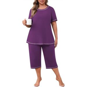 imagePOSESHE Womens Plus Size Pajama Sets Summer Short Sleeve 2 Piece Lounge Sleepwear Ladies Cute Pjs Sets with Pockets 202505purple