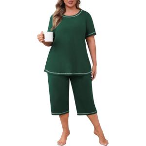 imagePOSESHE Womens Plus Size Pajama Sets Summer Short Sleeve 2 Piece Lounge Sleepwear Ladies Cute Pjs Sets with Pockets 202506green