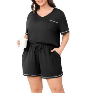imagePOSESHE Womens Plus Size Pajama Sets Summer Short Sleeve 2 Piece Lounge Sleepwear Short Pants Pjs Sets with Pockets 202501black