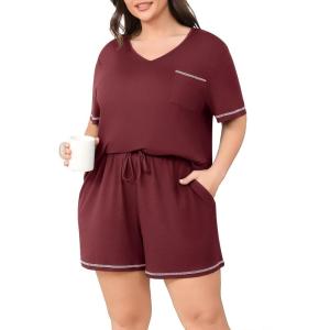 imagePOSESHE Womens Plus Size Pajama Sets Summer Short Sleeve 2 Piece Lounge Sleepwear Short Pants Pjs Sets with Pockets 202502wine Red