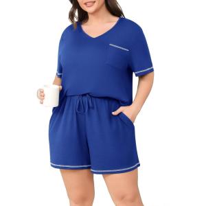 imagePOSESHE Womens Plus Size Pajama Sets Summer Short Sleeve 2 Piece Lounge Sleepwear Short Pants Pjs Sets with Pockets 202503royal Blue