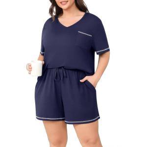 imagePOSESHE Womens Plus Size Pajama Sets Summer Short Sleeve 2 Piece Lounge Sleepwear Short Pants Pjs Sets with Pockets 202504navy Blue