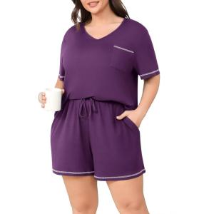 imagePOSESHE Womens Plus Size Pajama Sets Summer Short Sleeve 2 Piece Lounge Sleepwear Short Pants Pjs Sets with Pockets 202505purple