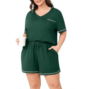 imagePOSESHE Womens Plus Size Pajama Sets Summer Short Sleeve 2 Piece Lounge Sleepwear Short Pants Pjs Sets with Pockets 202506green