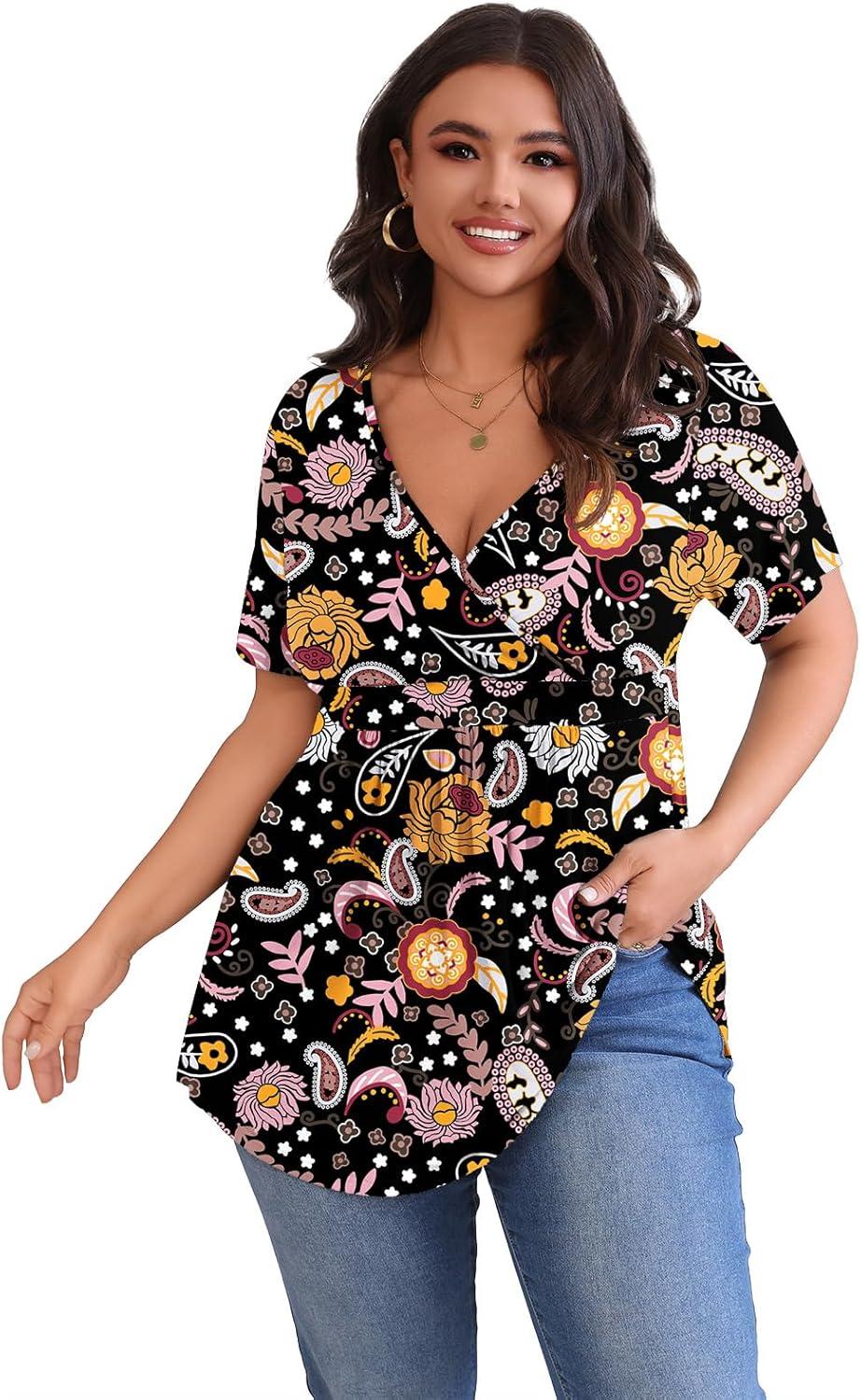 imagePOSESHE Womens Plus Size Tops 2025 Summer Short Sleeves Tunic Tops Casual VNeck Wrap Shirts Cute Dressy Work Blouses L4XLBlack Colorful Floral