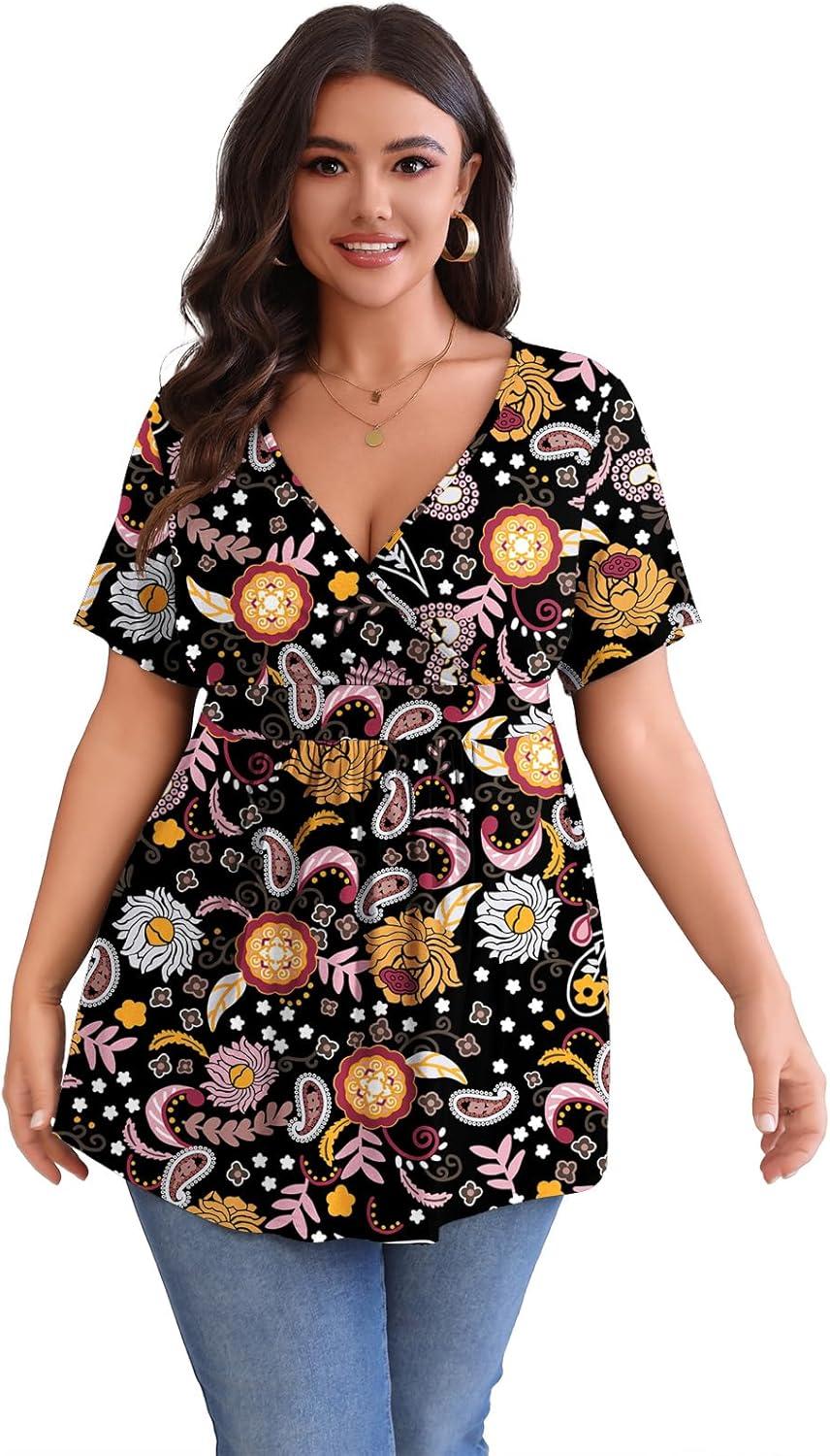 imagePOSESHE Womens Plus Size Tops 2025 Summer Short Sleeves Tunic Tops Casual VNeck Wrap Shirts Cute Dressy Work Blouses L4XLBlack Colorful Floral