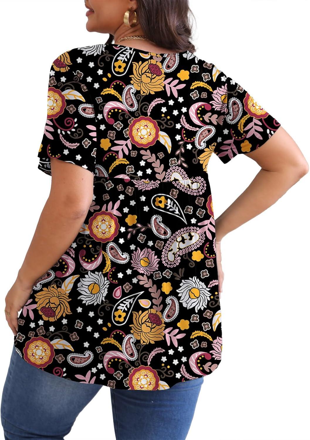 imagePOSESHE Womens Plus Size Tops 2025 Summer Short Sleeves Tunic Tops Casual VNeck Wrap Shirts Cute Dressy Work Blouses L4XLBlack Colorful Floral