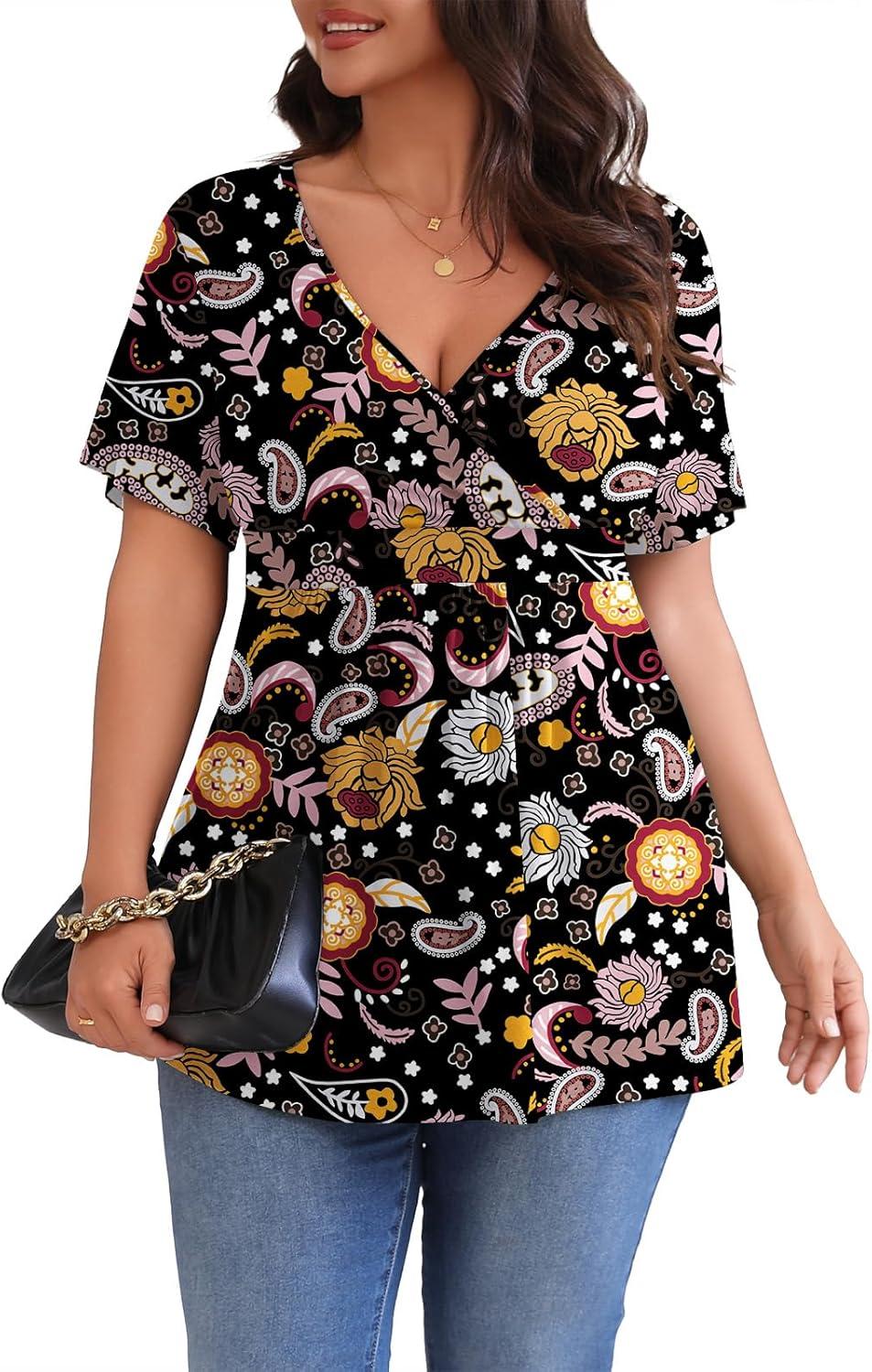 imagePOSESHE Womens Plus Size Tops 2025 Summer Short Sleeves Tunic Tops Casual VNeck Wrap Shirts Cute Dressy Work Blouses L4XLBlack Colorful Floral