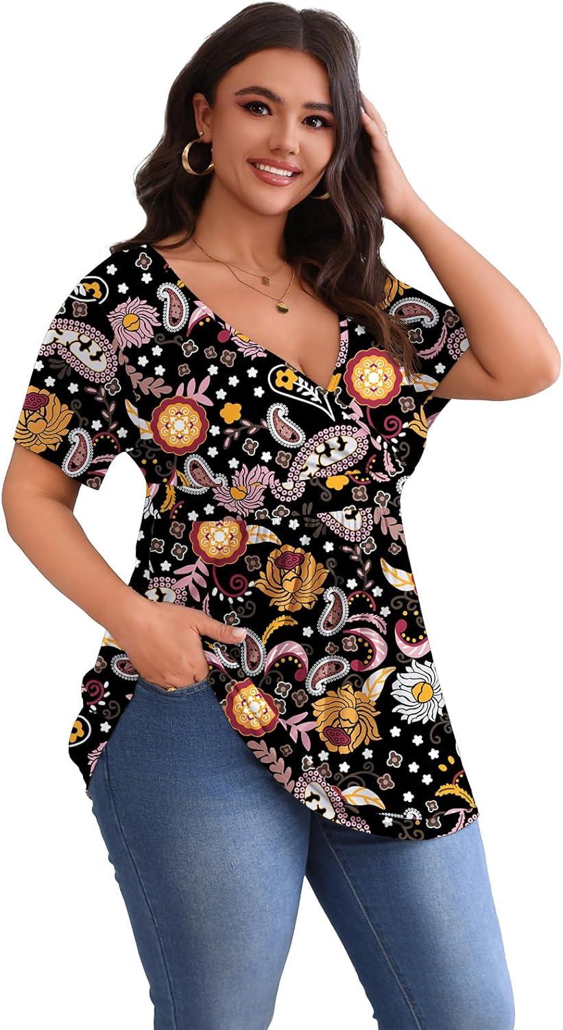 imagePOSESHE Womens Plus Size Tops 2025 Summer Short Sleeves Tunic Tops Casual VNeck Wrap Shirts Cute Dressy Work Blouses L4XLBlack Colorful Floral