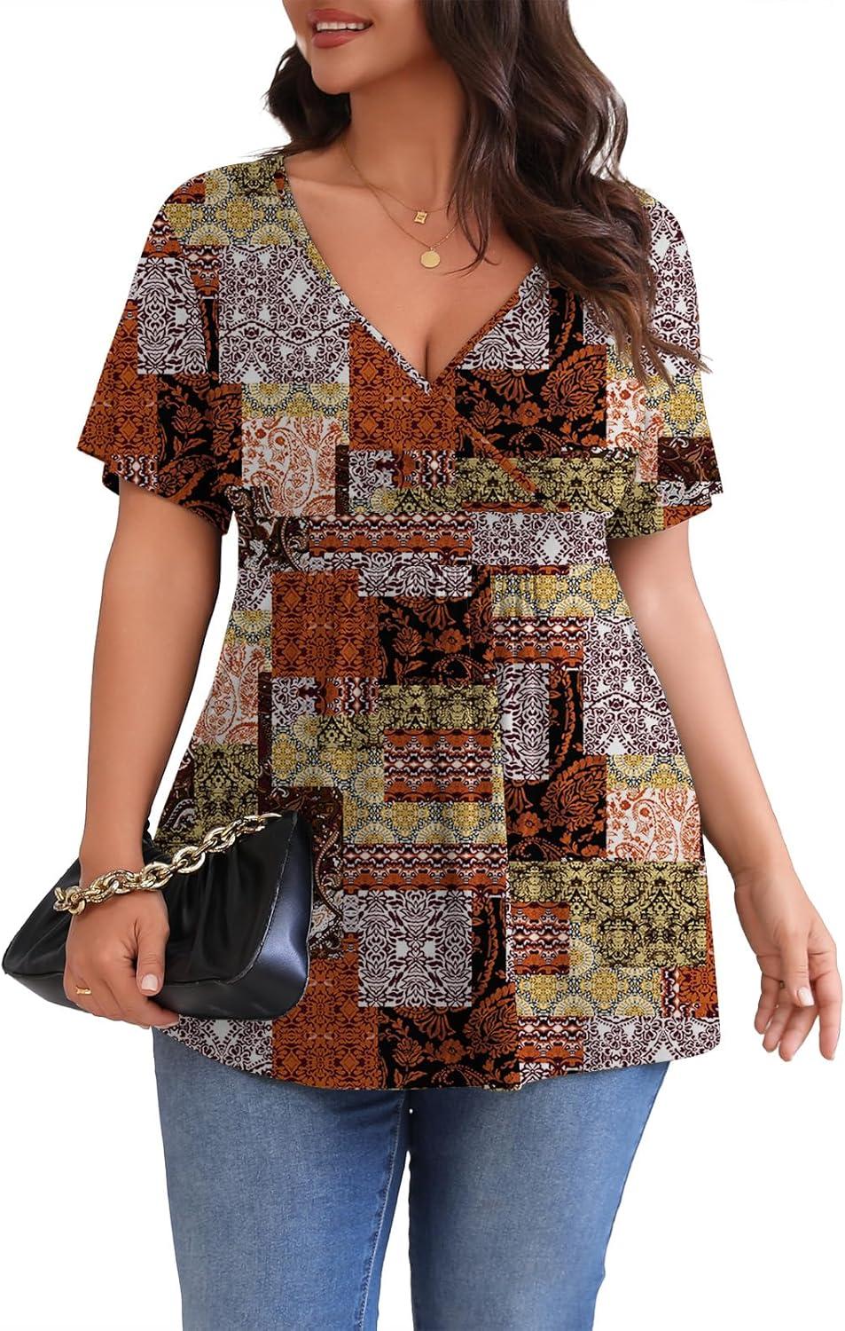 imagePOSESHE Womens Plus Size Tops 2025 Summer Short Sleeves Tunic Tops Casual VNeck Wrap Shirts Cute Dressy Work Blouses L4XLMix Color