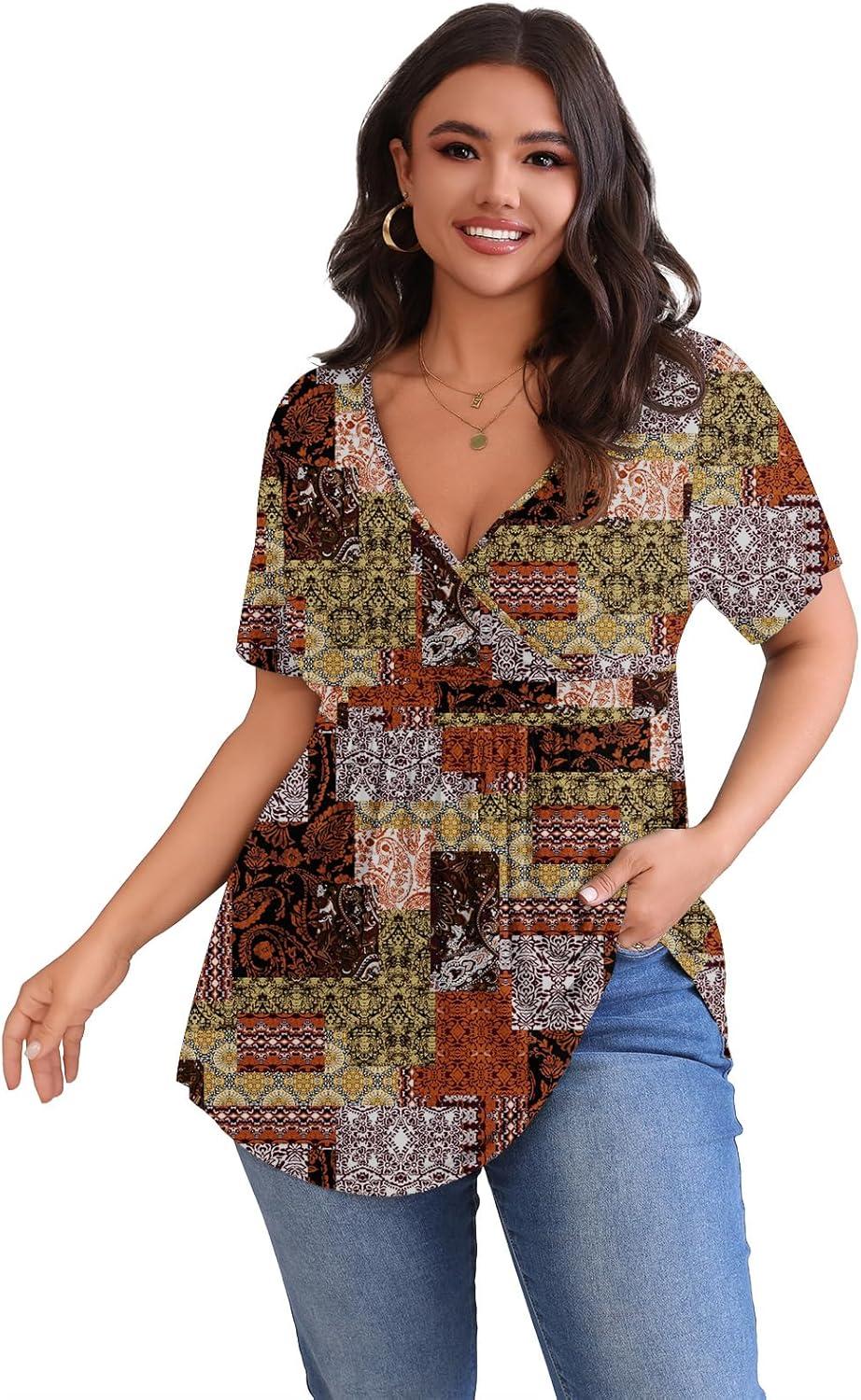 imagePOSESHE Womens Plus Size Tops 2025 Summer Short Sleeves Tunic Tops Casual VNeck Wrap Shirts Cute Dressy Work Blouses L4XLMix Color